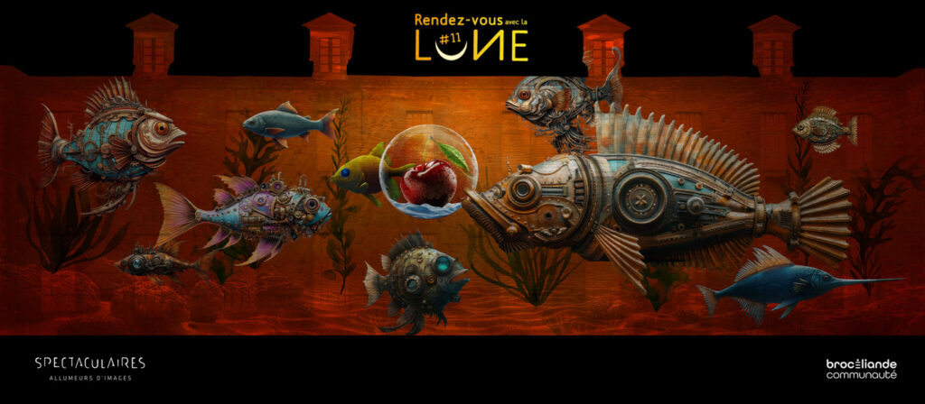 Projection of “Rendez-vous avec la Lune” : mechanical fish and seaweed. Very colourful image.