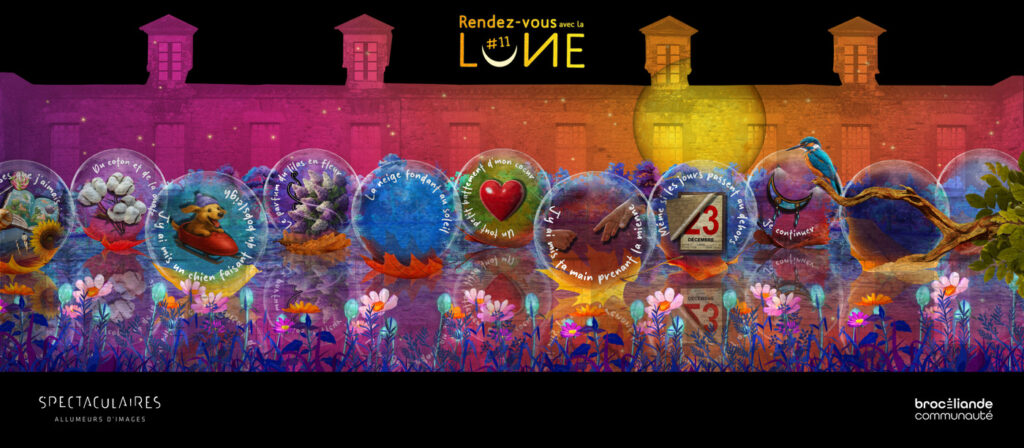 Projection of “Rendez-vous avec la Lune” : colourful bubbles with different designs inside.