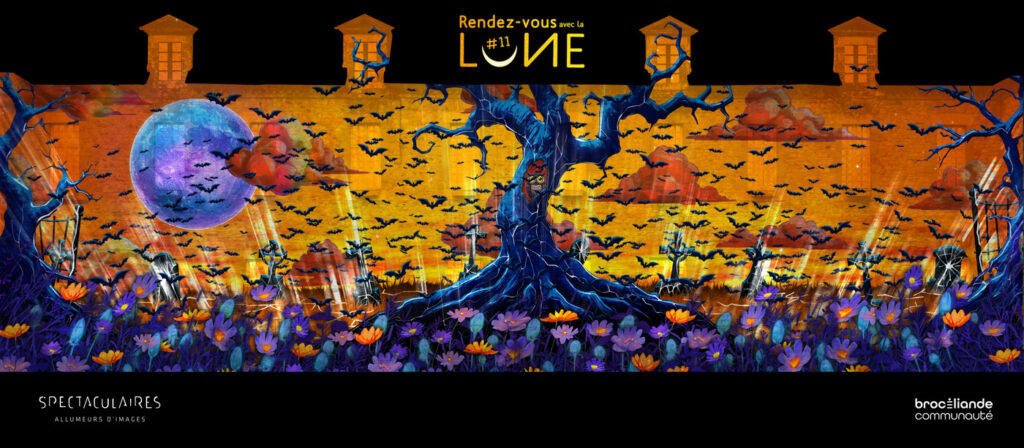 Projection of “Rendez-vous avec la Lune” : a tree surrounded by a flock of bats, a moon in shades of purple and blue.
